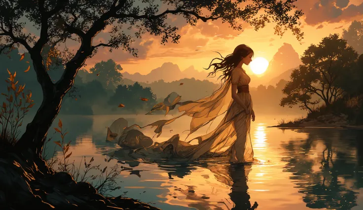 masterpiece,   illustration set in a serene lake. Girl reflection amidst nature's tranquility, capturing a moment of serenity and inner strength, the wind make her  long hair  and the leafs of the trees are flying in the wind. This stunning artwork showcas...