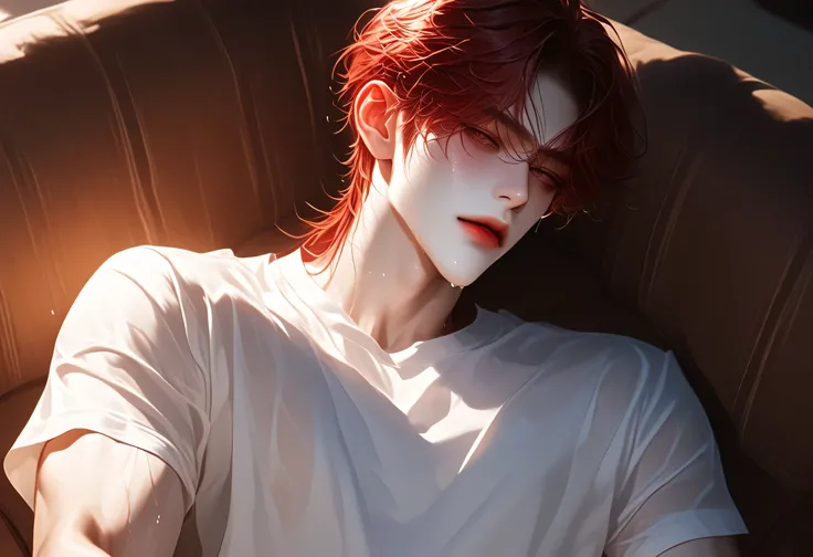 The Bad, dark red hair, From the room , in bed,healthy, Sitting on a chair or sofa,Head perspective ,look up, Korean comic style , Young and energetic, Good Condition , is very handsome脸瓜子脸,White T-shirt, White Skin, wet hairstyle , Charming Eyes ...