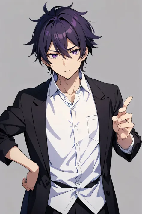 a man, black,purple hair, short hair, pointed hair,Black eye,Full Body Photo,stubble,,to look at the viewer, of foot,white shirt,hand on hip,in front,white background,Anime handsome boy, Brecha Moe Yandere Grimdark, Handsome Men from Demon Slayer, young an...