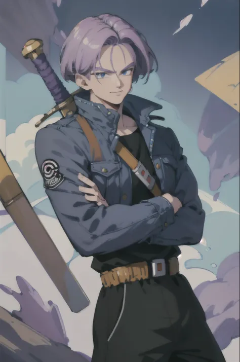 ((highest quality, Masterpiece, 4k, finely detailed, detailed eyes, Detailed face, intricate details)), ((Alone )), male focus, 1 , Swimsuit \(Dragon Ball\), smiling, Mouth closed, looking at the spectator, crossed arms, purple hair, blue eyes,  jacket, sh...