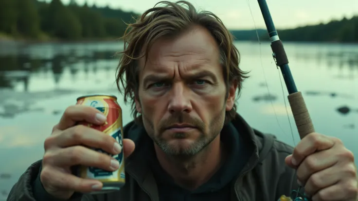 High quality, realistic photo. 4k image. A man who is tired of everything. IN ONE HAND A BEER CAN, IN THE OTHER A FISHING ROD, in the middle a large inscription is written,, POHUI,,