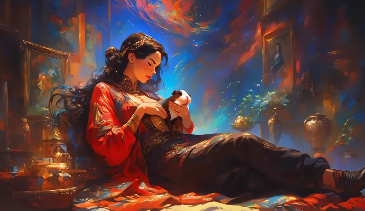 Painting of a girl with tender features holding a guinea pig, Orientalist painting, inspired by Alberto Morrocco, Diego Dayer, , by Alberto Morrocco, by Pamela Ascherson , Orientalist painting, by Bencho Obreshkov, beautiful painting , beautiful and intric...