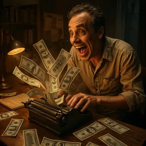 A dimly lit home office with a rustic wooden desk, evoking the nostalgic aesthetic of 90s/2000s writer studios. At the center, an old-fashioned typewriter, resembling a vintage mechanical typing machine, is producing a surreal yet realistic effect: instead...