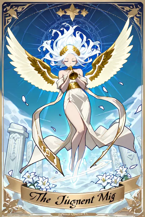 (Tarot theme, Title: The Judgment), (Exquisite lines), soft shading, anime-style eyes, full body, dynamic angle, floating, serene expression, closed mouth, closed eyes,
1girl, wind-blown hair, long white hair, blue eyes, delicate eyebrows, forehead visible...