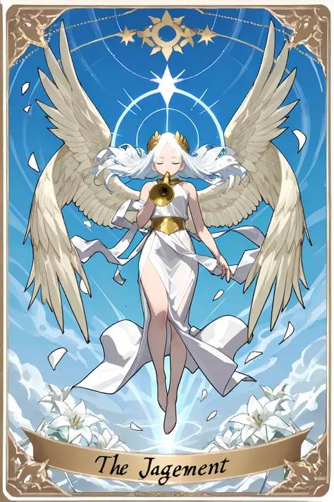 (Tarot theme, Title: The Judgment), soft shading, anime-style eyes, full body, dynamic angle, floating, serene expression, closed mouth, closed eyes,
1girl, wind-blown hair, long white hair, blue eyes, delicate eyebrows, forehead visible, radiant aura,
wea...