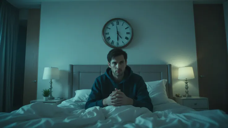 High quality, realistic photo. 4k image. A sad man is sitting in bed, a clock hangs on the wall above the bed, which shows half past four. The room is neat and stylish