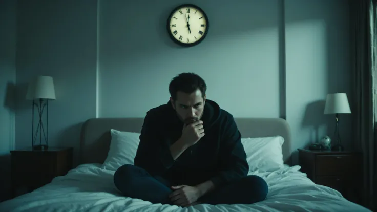 High quality, realistic photo. 4k image. A sad man is sitting in bed, a clock hangs on the wall above the bed, which shows half past four. The room is neat and stylish
