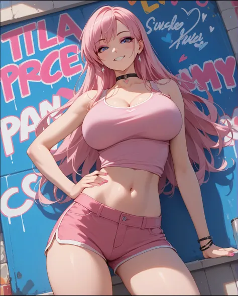 deep border 1.2, tall Highly detailed, graffiti, pink hair, black choker , long hair, pink tank top, pink shorts, crosse legs, Dutch angle, thighs, cowboy shot, eyeshadow seductive smile, arm on hip , large breasts, slim body, ultra sexy cute woman, long p...