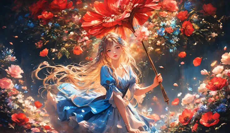 Painting of a little fairy with a red flower on her head like an umbrella, Benjamin Lacombe, dreamy art, shrubs and flowers. Esau Andrews , arte de jinyoung shin, by Marie Angel, The Fairy Made of Flowers, beeple e jeremiah ketner, por Alice prin, beautifu...