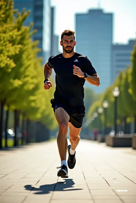 Sure! Here's a prompt for you:

"A man is running quickly through an urban park, wearing sleek Adidas running shoes. His muscles are visibly toned as he sprints with focus and determination. The bright sunlight casts long shadows on the pavement, and his shoes grip the ground with every stride, showcasing their advanced design. The motion blurs slightly as he pushes forward, leaving the surrounding landscape a blur of green trees and modern buildings in the background."

Would you like to use this for an image generation or something else?