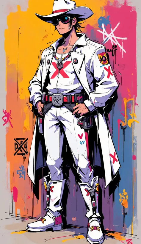 Tall guy in a white cowboy suit, standing with a confident pose. A wide-brimmed hat , long cloak, spur boots. Background — bright street graffiti with neon shades. Image style — street art, with rude strokes, with spray stains and contrasting colors.