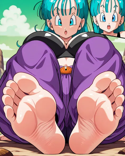 CARTOON style, Bulma ( Dragon ball) long hair, open mouth, front view , big huge bobbies, thighs, black warrior bra, warrior pants, purple mountais, green sky, safe to work content, feet, sole of the foot, sitting in the ground, close up , blue eyes 
