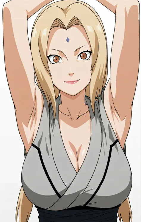 masterpiece, best quality, amazing quality, anime screencap, anime coloring, 1girl, solo, tsunade, blonde hair, long hair, brown eyes, forehead mark, mature female, large breasts, cleavage, grey kimono, sleeveless, sash, collarbone, mature female, arms abo...