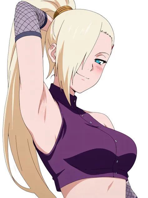 masterpiece, best quality, amazing quality, anime screencap, anime coloring, 1girl, solo, InoShipuuden, blonde hair, high ponytail, hair over one eye, midriff, fishnets, crop top, breasts, blue eyes, bare shoulders, arm behind head, armpit, head towards vi...
