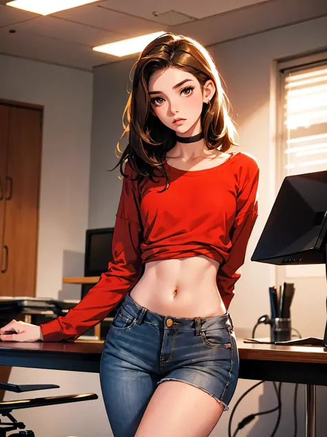 20 year old model, (only 1 girl), beautiful, brown hair, (shoulder length hair), , short glossy hair, hazel eyes, beautiful figure, beautiful long legs, , top quality, highest quality, pin-up style, red shirt, white shirts,, dark makeup, small breasts, ...