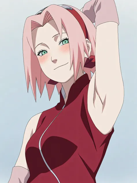 masterpiece, best quality, amazing quality, anime screencap, anime coloring, 1girl, solo, 54kur4 h4run0, pink hair, green eyes, short hair, small breasts, shinobi outfit, red jacket, sleeveless, bare shoulders, arm behind head, armpit, head towards viewer,...