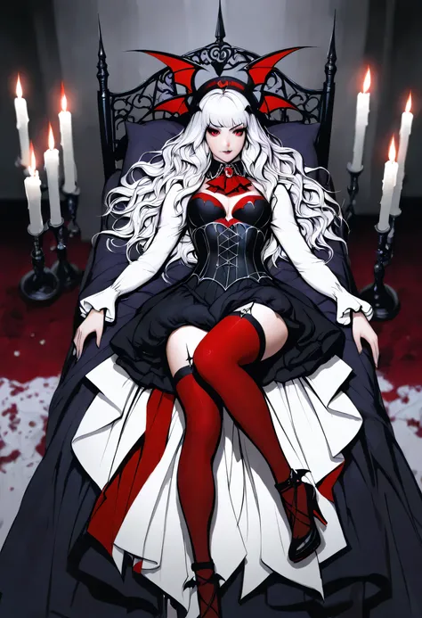  A model shot of an exquisite beautiful  goth 1solo female vampire, ultra feminine, full body, busty woman, most beautiful face, glowing red eyes, long hair, wavy hair, wearing black silk corset, red stockings, wearing intricate high heels, lying in bed, l...