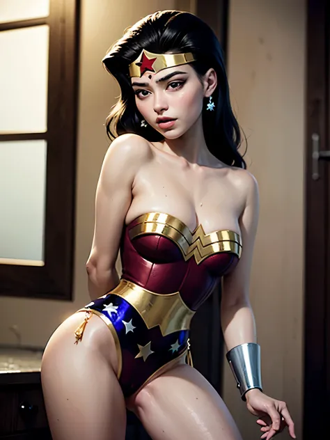 (totally naked mostrando os peitos e seu mamilo rosa e sua buceta aberta escorrendo sêmen)qualidade, high resolution body, work of art :1.3), button Highly detailed texture of the face and skin, detailed eyes,  double eyelid ,  Wonder Woman,CC,alternative ...