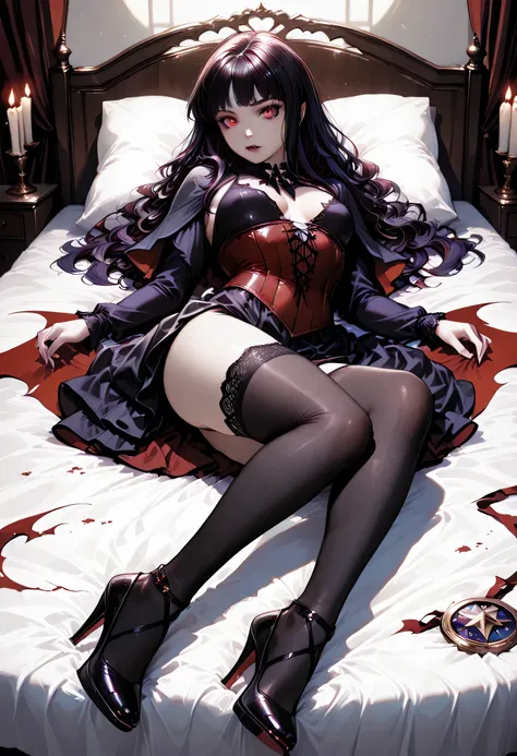 A model shot of an exquisite beautiful  goth 1solo female vampire, ultra feminine, full body, busty woman, most beautiful face, glowing red eyes, long hair, wavy hair, wearing red silk corset, black stockings, wearing intricate high heels, lying in bed, l...