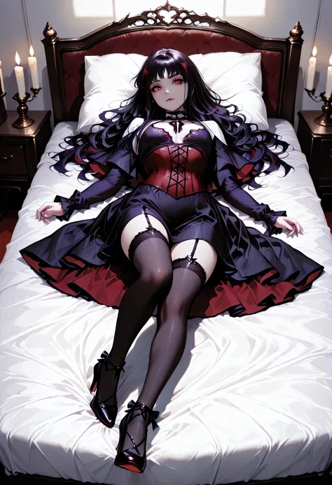  A model shot of an exquisite beautiful  goth 1solo female vampire, ultra feminine, full body, busty woman, most beautiful face, glowing red eyes, long hair, wavy hair, wearing red silk corset, black stockings, wearing intricate high heels, lying in bed, l...