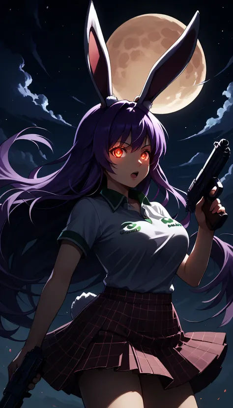 score_9, score_8_up, score_8, score_9, 1 girl,  source_anime,  reisen udongein inaba, purple hair, red eyes, rabbit ears, rabbit girl, long hair, moon, night, glowing eyes,, weapon,, gun_to_head, gun, , solo, holding_weapon, , holding_gun, holding, , , han...