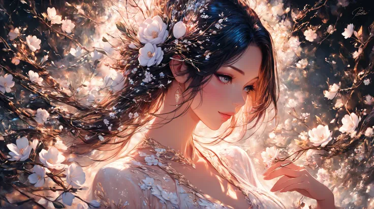 painting of a woman in a white dress and a tree, beautiful stunning digital art , karol bak uhd, Bela arte UHD 4K, beautiful digital artwork, beautiful digital art, stunning digital art , very beautiful digital art, exquisite digital illustration, a bea...