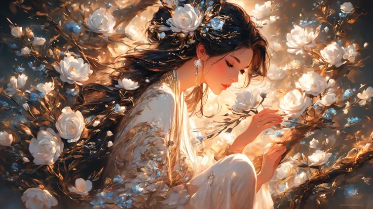 painting of a woman in a white dress and a tree, beautiful stunning digital art , karol bak uhd, Bela arte UHD 4K, beautiful digital artwork, beautiful digital art, stunning digital art , very beautiful digital art, exquisite digital illustration, a bea...