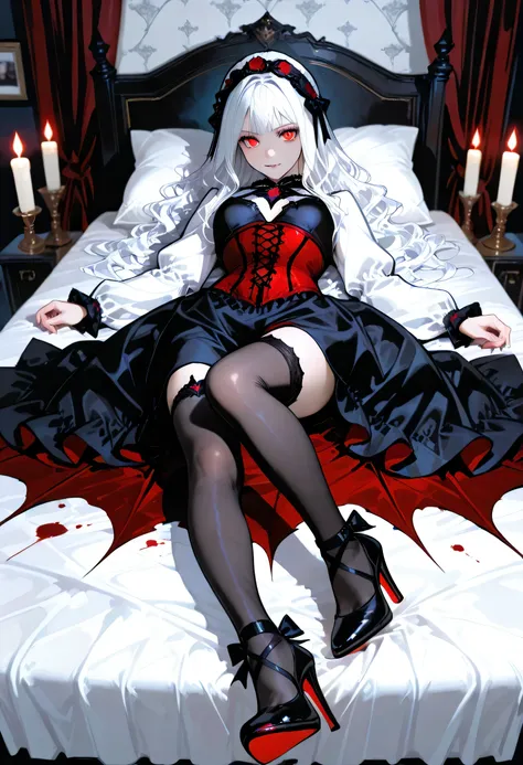  A model shot of an exquisite beautiful  goth 1solo female vampire, ultra feminine, full body, busty woman, most beautiful face, glowing red eyes, long hair, wavy hair, wearing red silk corset, black stockings, wearing intricate high heels, lying in bed, l...