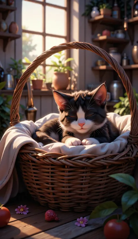 3D character, cute tuxedo kitten, sleeps in picnic basket at the kitchen, Inside the house, masterpiece, Background Blur, Shut your eyes.