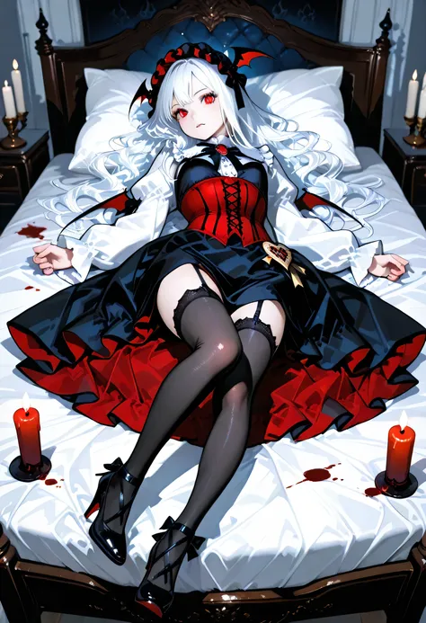  A model shot of an exquisite beautiful  goth 1solo female vampire, ultra feminine, full body, busty woman, most beautiful face, glowing red eyes, long hair, wavy hair, wearing red silk corset, black stockings, wearing intricate high heels, lying in bed, l...