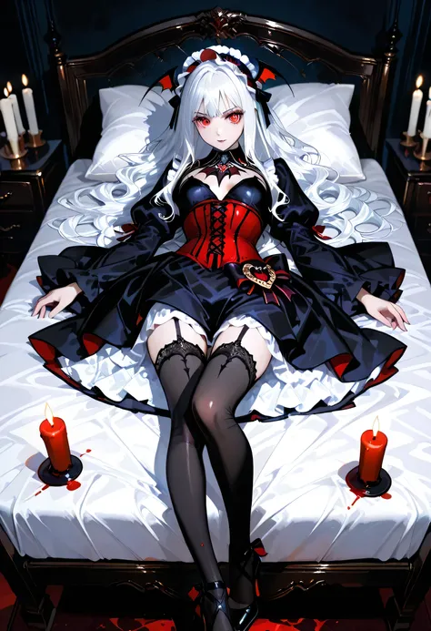  A model shot of an exquisite beautiful  goth 1solo female vampire, ultra feminine, full body, busty woman, most beautiful face, glowing red eyes, long hair, wavy hair, wearing red silk corset, black stockings, wearing intricate high heels, lying in bed, l...