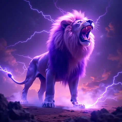 purple lion roaring, electricity ,sparks, space