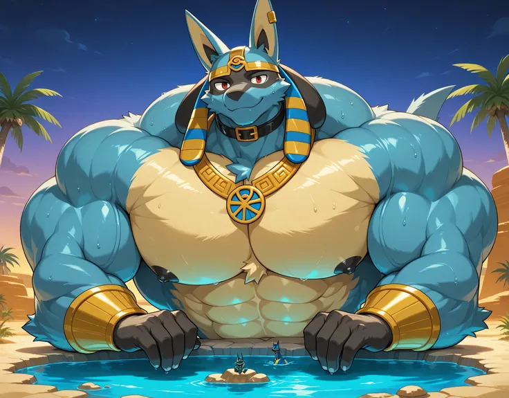 detailed background, low view, front view, oasis, rocks, palm trees, water pond, night, close up, score_9_up,score_8_up,score_7_up,score_6_up,score_5_up,score_4_up, BREAK kemono, bara, furry, 1boy, anthro, lucario, Blue Fur, Chest Spike, Red Eyes, yellow c...