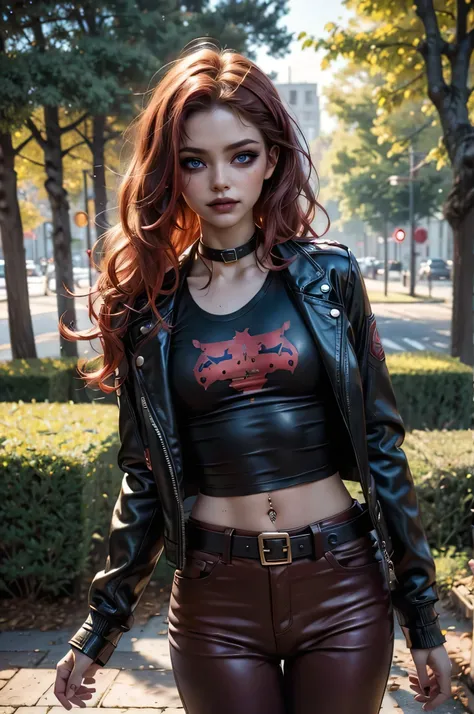 lora_Emma, jinx, perfecteyes eyes, young woman, cute girl with curly blond hair with red highlights, hair over one eye, high waist dark red latex pants, two brown belts, (navel piercing), white v-neck t-shirt, (small leather jacket), black collar, dark eye...
