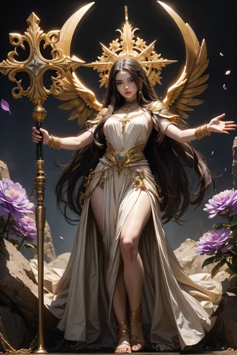 Angel of Justice and Transformation,  with no definite gender , dark hair, you must have your arms raised extended upwards, arm with a long cross-shaped staff . you must wear a tunic consisting of large violet flower petals and on the chest a beautiful jew...