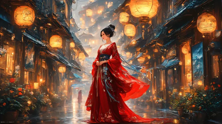 painting of a woman in a red dress in a rainning day, beautiful  stunning digital art ,  karol bak uhd, Bela arte UHD 4K, beautiful digital artwork, beautiful digital art,  stunning digital art , very beautiful digital art, exquisite digital illustration, ...