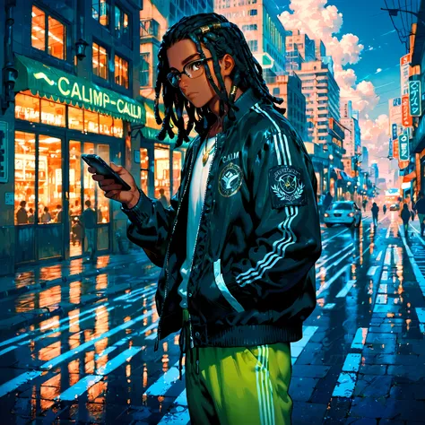 masterpiece, best quality, 1male, solo, male focus, masculine, looking at viewer, closed mouth, young adult, muscle, medium length hair, dreadlocks, black hair, brown eyes, calm expression, perfect eyes, perfect face, modern clothing, black techwear jacket...