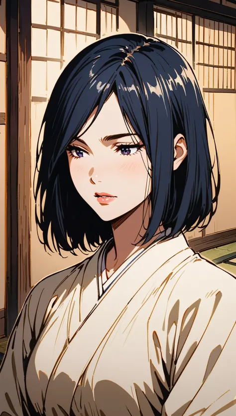 vintage movie, girl, short hair, navy hair, straight hair, woman body, white kimono, tatami, meditating
, hyuga clan, shinobi village, konohagakure, (((perfect lips))), perfect hair, looking down, shy, melancholic, ((young)), ((19 years old))
