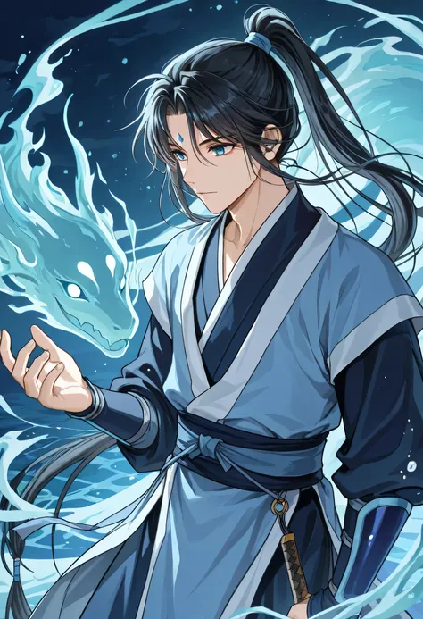 age boy, 18 years old, blue eyes, black hair tied in a ponytail, blue armor, blue hanfu, black clothes underneath, manhua style, sea demon spirit, high resolution, hd, swordsman, solo, ultra detailed