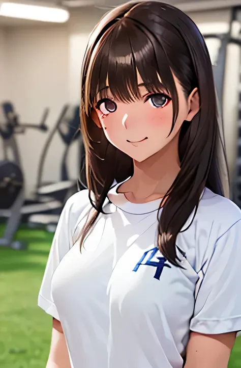 ((1 girl,solo))((black brown hair,long hair))(((buruma), dark blue buruma, school, gym shirts, white shirts, white t-shirts, short sleeves, gym uniform))((thigh))((indoor))((standing))((v-shaped eyebrows))((half closed eyes))((sharp eyes))((sweat,blush,clo...