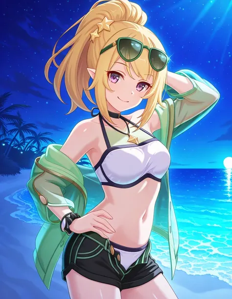 chloewinterPCR, long hair,blonde hair, hair ornament, navel, bare shoulders, purple eyes, jacket, swimsuit, ponytail, sidelocks, bikini, thighs, open clothes, pointy ears, midriff, off shoulder, stomach, open jacket, short shorts, halterneck, black choker,...