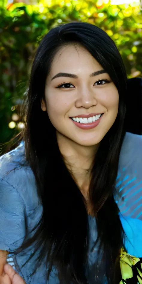 PORE LEVEL DETAIL!!!, WET SHINY SKIN!!, a Japanese girl (19yo), Smiling ((((PERFECT DETAILED FACIAL FEATURES)))) with long black hair with a blue shirt, portrait, (Detailed perfect facial details), (((ultra detailed skin, Lifelike, 4k hd, DSLR, lifelike, m...