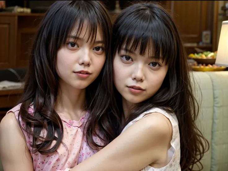 "Ultra-high-resolution digital photograph of Japanese identical twin sisters embracing each other tightly, their faces gently pressed together, emotions captured in stunning detail."