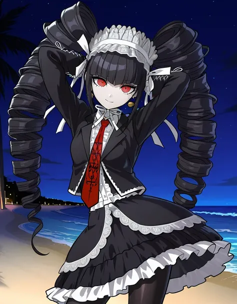 celestia ludenberg, game screencap, masterpiece, Amazing quality, 
long hair, twintails, twin drills, drill hair, bangs, black hair, red eyes,  skirt, shirt, long sleeves, jewelry,, jacket, pantyhose, earrings, frills, necktie, black  skirt, nail polish, b...