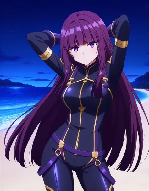 sdeta, purple hair, blunt bangs, long hair, purple eyes,
black bodysuit, gold trim, black gloves, anime screencap, shiny skin, high quality, solo, night sky, beach, hands behind head, ((contrapposto)), closed mouth, three-quarter portrait, looking at viewe...