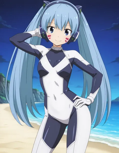 hermitmio, robot, long hair, twintails, blue hair, hair betwwen eyes, blue eyes, facial mark, small breasts, headphones, body suit, anime screencap,  shiny skin, solo, night sky, beach, hand behind head, hand on hip, ((contrapposto)), closed mouth, cowboy ...