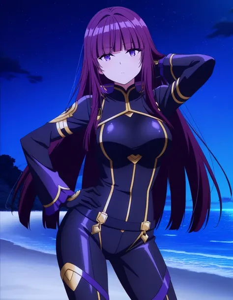 sdeta, purple hair, blunt bangs, long hair, purple eyes,
black bodysuit, gold trim, black gloves, anime screencap, shiny skin, high quality, solo, night sky, beach, hand behind head, hand on hip, ((contrapposto)), closed mouth, three-quarter portrait, look...