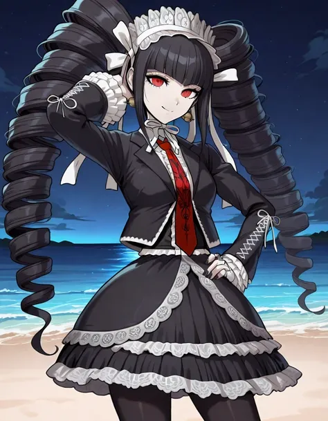 celestia ludenberg, game screencap, masterpiece, Amazing quality, 
long hair, twintails, twin drills, drill hair, bangs, black hair, red eyes,  skirt, shirt, long sleeves, jewelry,, jacket, pantyhose, earrings, frills, necktie, black  skirt, nail polish, b...