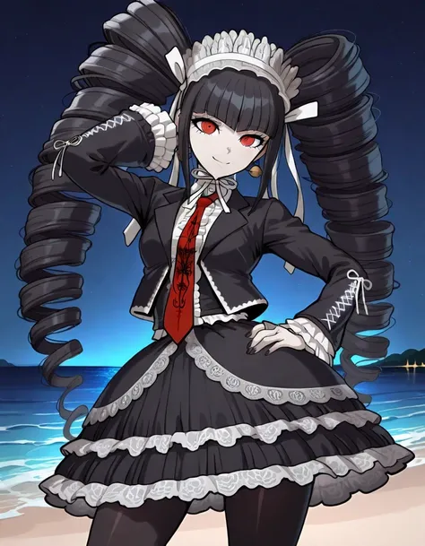 celestia ludenberg, game screencap, masterpiece, Amazing quality, 
long hair, twintails, twin drills, drill hair, bangs, black hair, red eyes,  skirt, shirt, long sleeves, jewelry,, jacket, pantyhose, earrings, frills, necktie, black  skirt, nail polish, b...