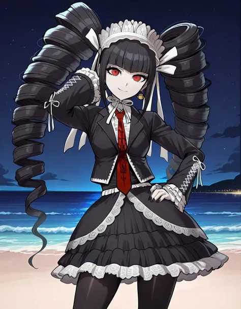 celestia ludenberg, game screencap, masterpiece, Amazing quality, 
long hair, twintails, twin drills, drill hair, bangs, black hair, red eyes,  skirt, shirt, long sleeves, jewelry,, jacket, pantyhose, earrings, frills, necktie, black  skirt, nail polish, b...